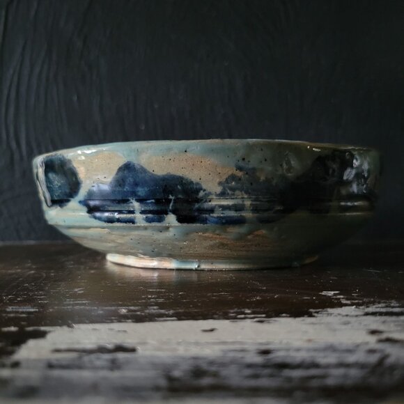 Vtg Studio Pottery Bowl Blue Brushstroke Design Double Spout and Crackle Glaze - Picture 3 of 9